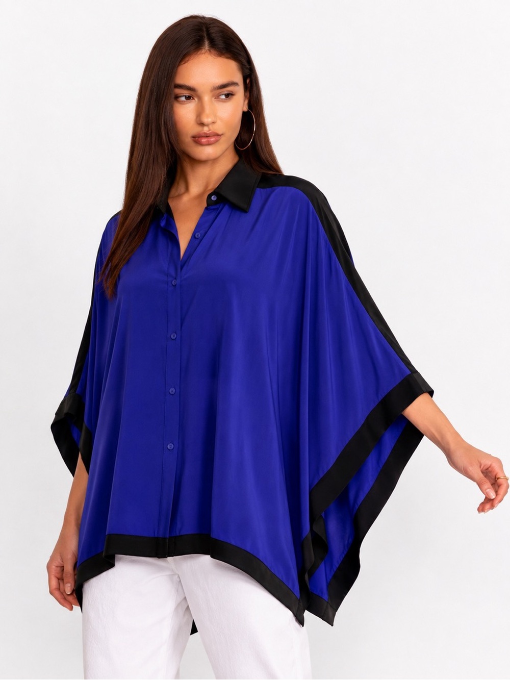 Lafayette 148 New York 100% Silk Batwing Colorblock Blouse Blue Black Size XL